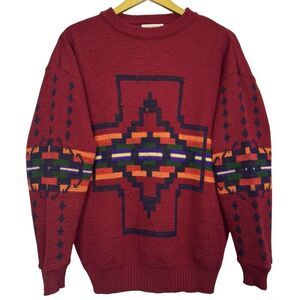 Vintage PENDLETON Aztec Southwest Western Wear Wool Sweater Size M USA Red 70s